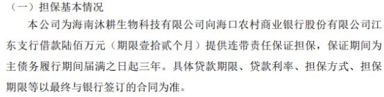 天地人为海南沐耕生物科技有限公司向海口农村商业银行江东支行借款600万提供连带责任保证担保(图1)